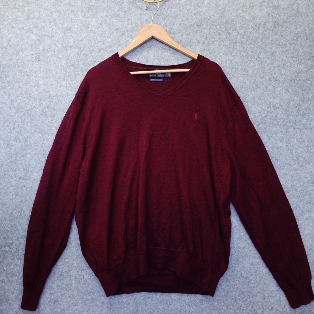 Polo Ralph Lauren V Neck Sweater Mens XXL Burgundy Washable Merino Wool Preppy